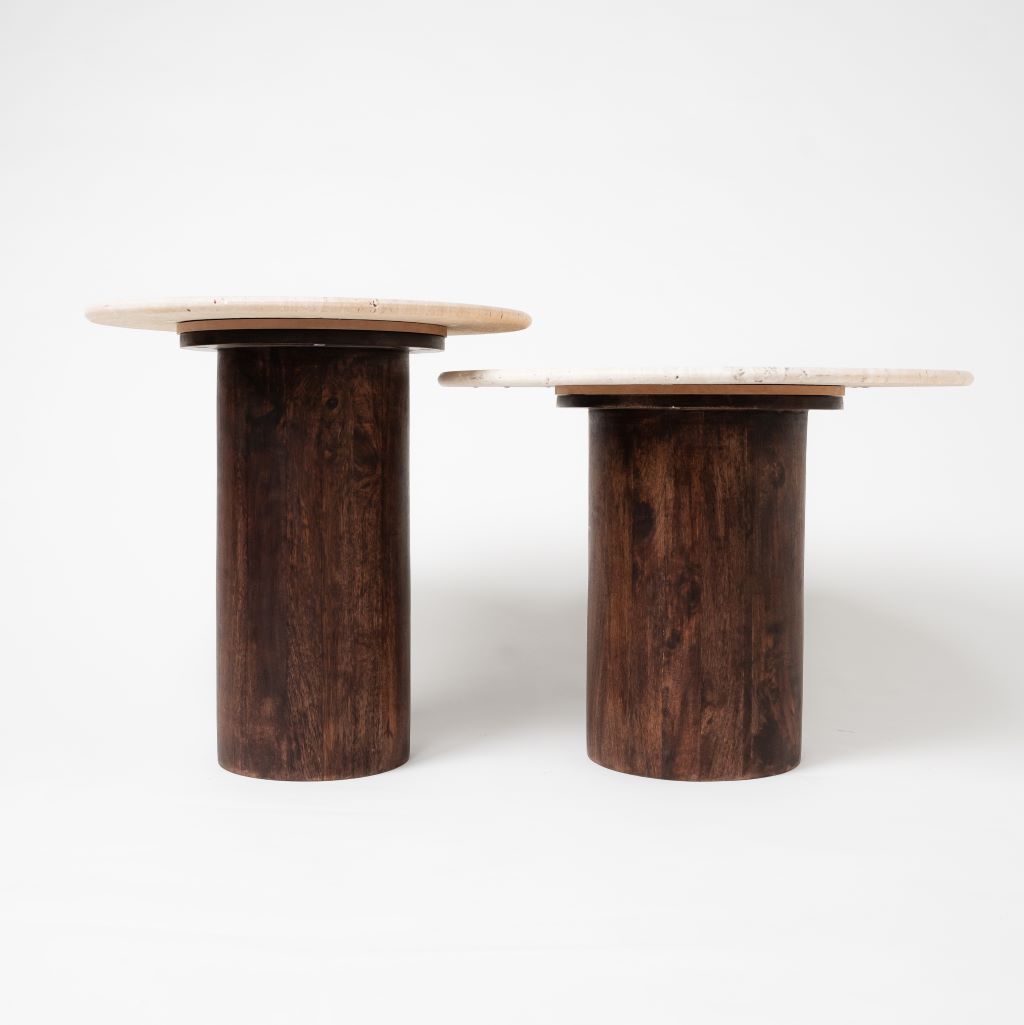 Travertine on wood tables - Set of 3